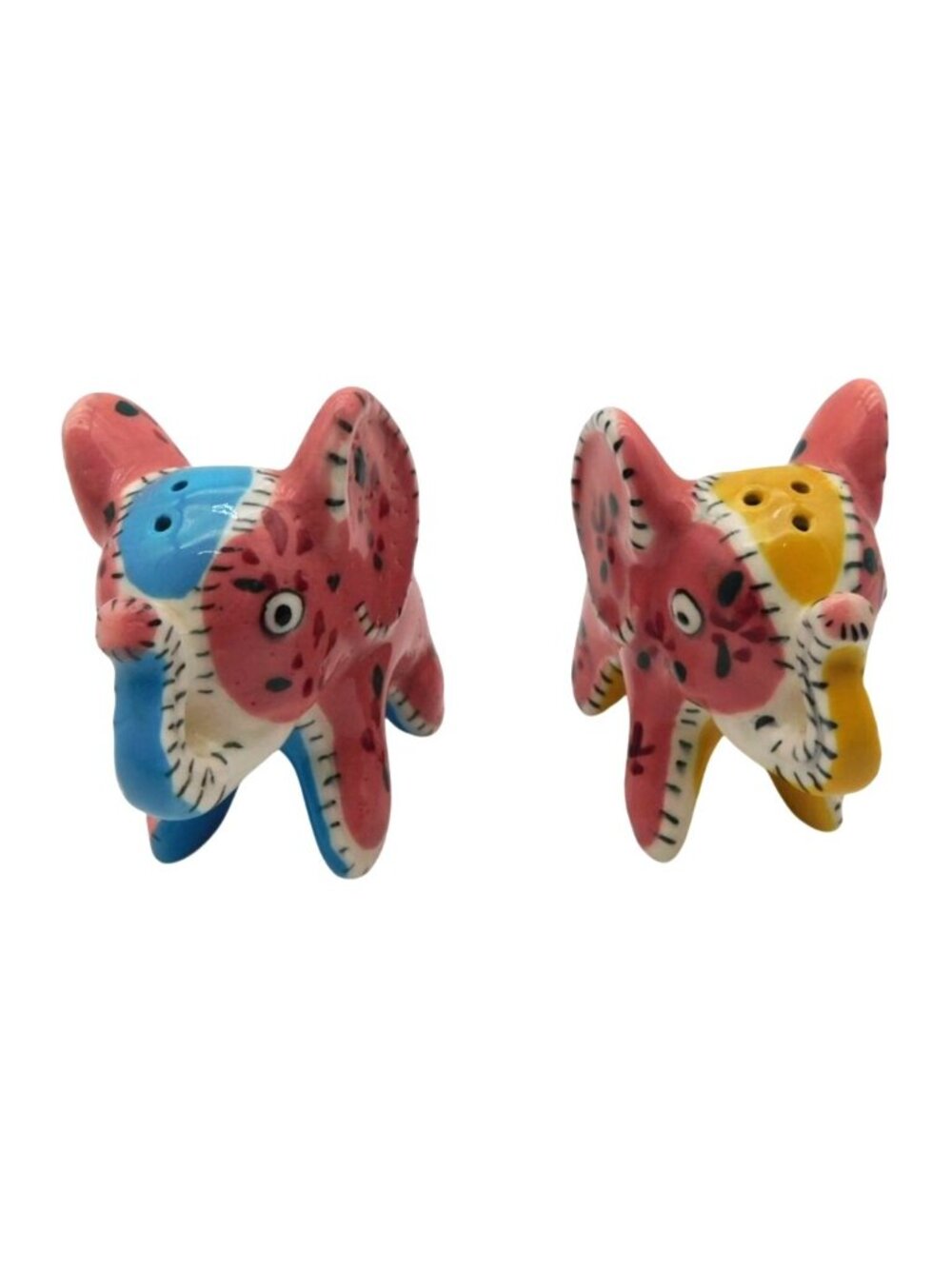 Napco Hand-Painted Elephant Salt Pepper Stitched Shakers Pink Yellow Blue READ